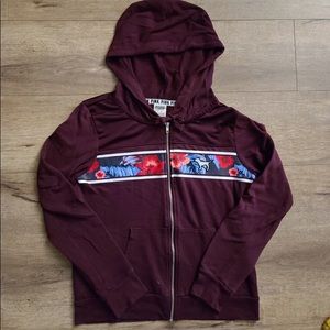 Pink burgundy zip up hoodie with graphic design
